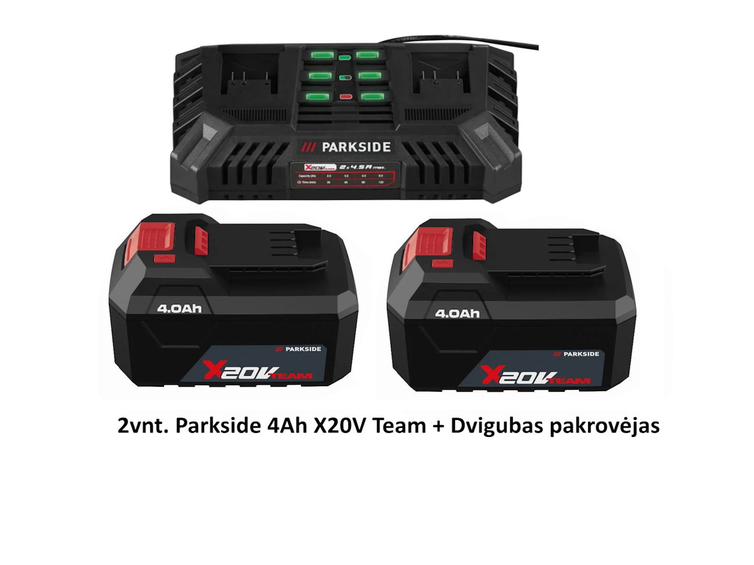 2vnt. PARKSIDE 4Ah x20VTeam + Dvigubas x20V Team 4,5A pakrovėjas naujas dizainas